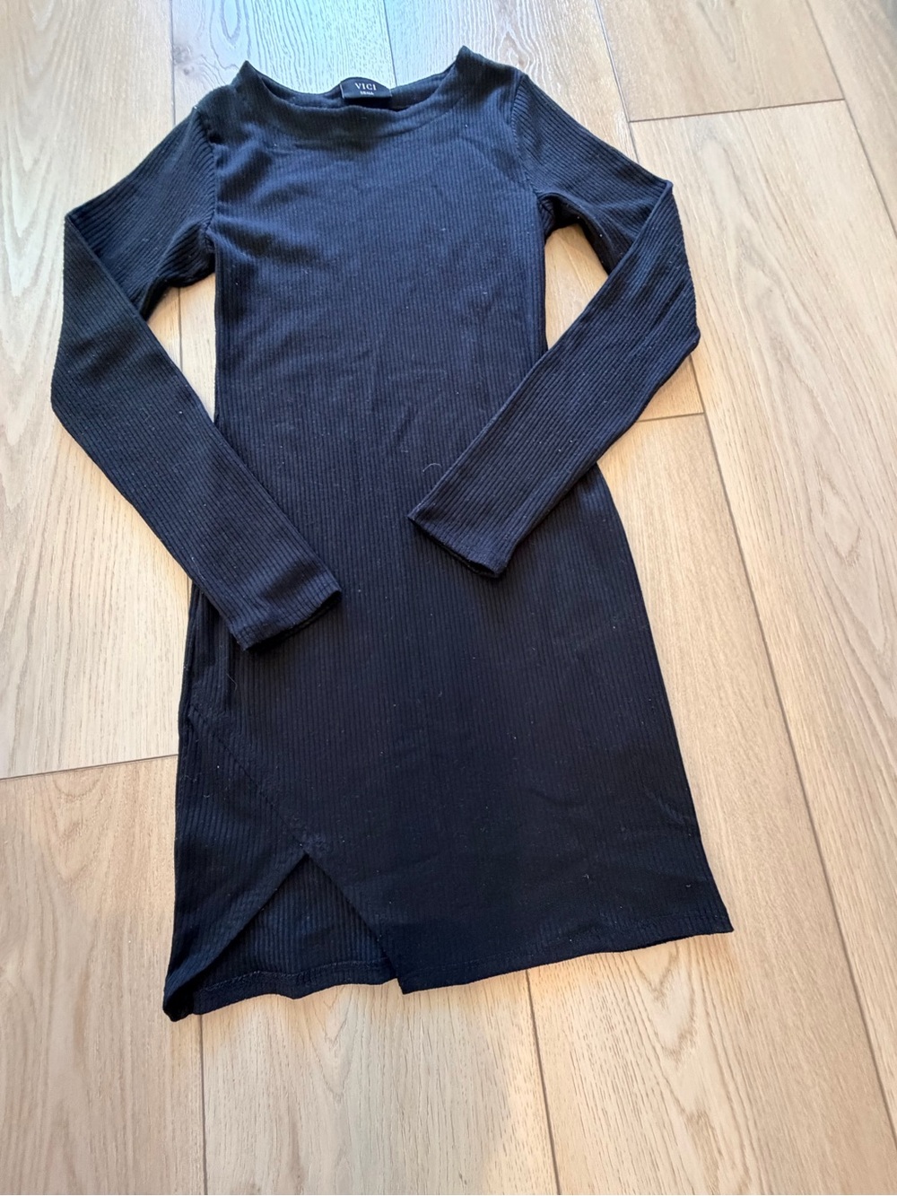 Vici Black Ribbed Long Sleeve Bodycon Midi Dress with Front Slit